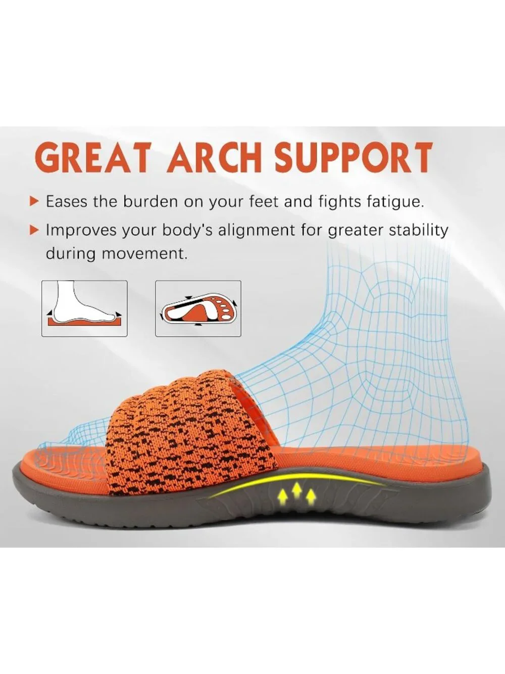 Men's Orange Arch Support Sport Slides Open Toe Adjustable Orthotic Sandal Shoes